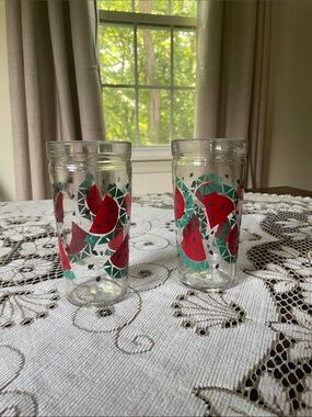Anchor Hocking Watermelon Jelly Jar Clear Glass (2) Tumblers Red Green Motif